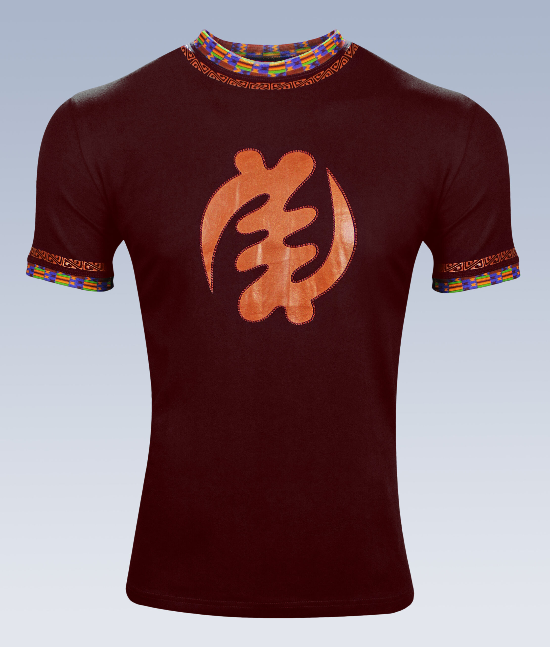 Burgundy and copper shirt with Kente design and Adinkra symbol - Afrimoji